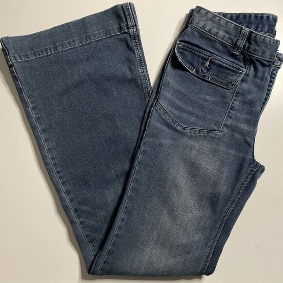 Free People 27 Jeans Flare Bell Bottom Flap Pocket Sailor Denim Missing Button - Picture 9 of 10